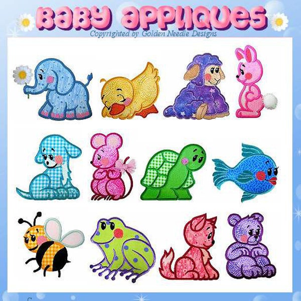 13 Delightful Baby Applique collection perfect for making a baby quilt.  Machine Embroidery Design set