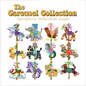 May include: The Carousel Collection, a set of 12 colourful embroidered designs featuring various animals on a carousel. The animals include a unicorn, elephant, rooster, giraffe, lion, zebra, seahorse, rabbit, dragon, pony, tiger, and polar bear.