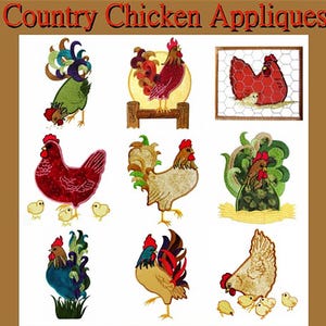 9 Country Chicken Applique set of  Machine Embroidery Designs - all formats