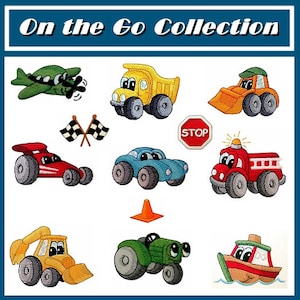 On the go - 12 designs vehicle themed designs - Machine Embroidery Designs set and puzzle bag instructions