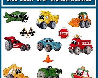 On the go - 12 designs vehicle themed designs - Machine Embroidery Designs set and puzzle bag instructions