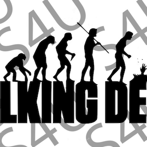 May include: Black and white illustration of the evolution of man, ending with a zombie. The text "The Walking Dead" is below the illustration.