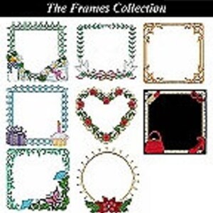 May include: A collection of 10 digital embroidery designs featuring various frames with floral and other decorative elements. The frames are in different shapes, including square, heart, and circle. Some frames have a black background.