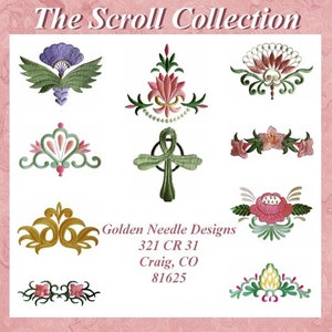 May include: The Scroll Collection embroidery designs featuring various floral and scroll patterns in shades of pink, green, and yellow. The designs are arranged in a grid on a white background. The text "Golden Needle Designs 321 CR 31 Craig, CO 81625" is displayed below the designs.