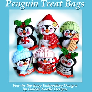 Può includere: Sei ornamenti in feltro a tema pinguino con diversi accessori a tema natalizio, tra cui una canna di zucchero, sci, una slitta, un libro di musica e un ramo di agrifoglio. Gli ornamenti sono progettati per essere cuciti nell'anello e fanno parte di una collezione chiamata "Penguin Treat Bags" di Golden Needle Designs.