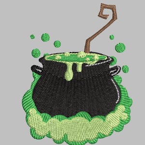 May include: An embroidered image of a black cauldron filled with bubbling green liquid. A brown, curved handle extends from the cauldron. Green bubbles and a green, cloud-like base surround the cauldron, creating a Halloween theme.