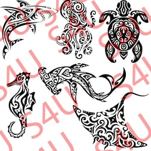 6 Tribal sea creatures  SVG Cutting File , Cricut silhouette ideals for T-shirts