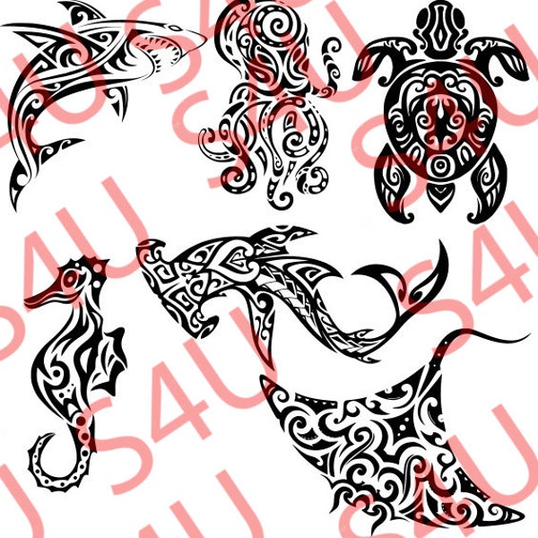 6 Tribal sea creatures  SVG Cutting File , Cricut silhouette ideals for T-shirts