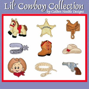 May include: A set of nine embroidery designs featuring cowboy-themed images, including a horse, a sheriff's star, a saddle, a spur, a cowboy boot, a cowboy hat, a lasso, and a pistol. The designs are all in a cartoon style and are perfect for adding a touch of Western flair to your projects.