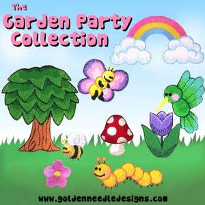 Garden Party Collection set of 8 Machine Embroidery Designs patterns - includes bib template and instructions