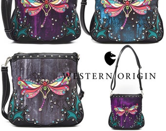 Colorful Dragonfly Western Spring Concealed Carry Purse Women Cross Body Handbag Women Single Shoulder Strap Purple, Turquoise, Black