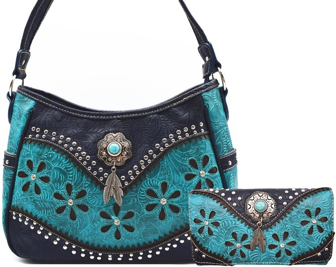 Turquoise Tooled Leather Laser Cut Concealed Carry Purses Feather Country Western Handbags Shoulder Bags Wallet Set