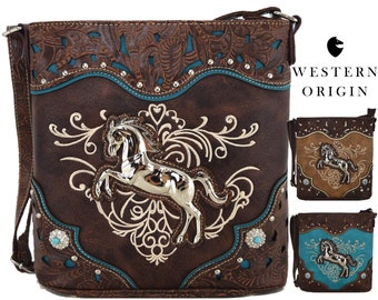 Western Style Horse Concho Studded Toolded Leather Floral Crossbody Handbags Concealed Carry Purse Women Country Cowgirl Single Shoulder Bag