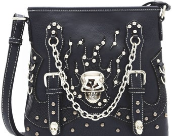 Rhinestone Crossbone Skull Studded Embroidery Floral Concealed Carry Purse Women Crossbody Punk Handbag Gothic Shoulder Bag Black