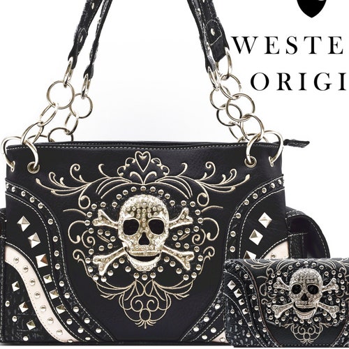 Punk Gothic Cross Bone Rhinestone Skull Black Handbag Studded Etsy