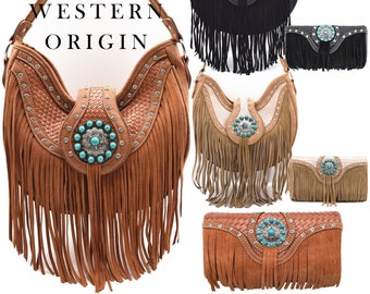 Leather Fringe Rhinestone Berry Concho Cowgirl Western Handbag Concealed Carry Purse Women Shoulder Bag With Wallet Set Brown Black Beige
