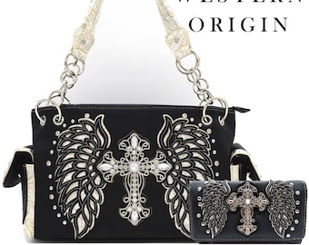 Western Style Cross Laser Cut Wings Studded Leather Concealed Carry Purse Cowgirl Handbag Women Shoulder Bag Crossbody Trifold Wallet Black