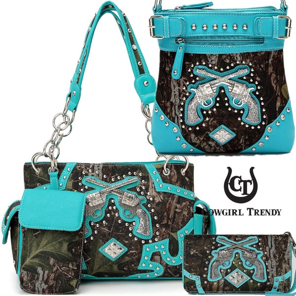 Camouflage Pistol Western Style Rhinestone Conchos Camo Concealed Carry Purse Country Handbag Women Shoulder Bag Crossbody Wallet Turquoise