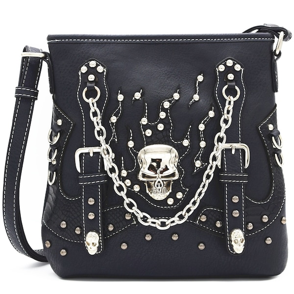 Rhinestone Crossbone Skull Studded Embroidery Floral Concealed Carry Purse Women Crossbody Punk Handbag Gothic Shoulder Bag Black