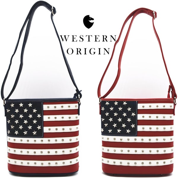 American Flag Stars and Stripes Studs Crossbody Handbags USA Flag Concealed Carry Purse Patriotic Women Single Shoulder Bag Red White Blue