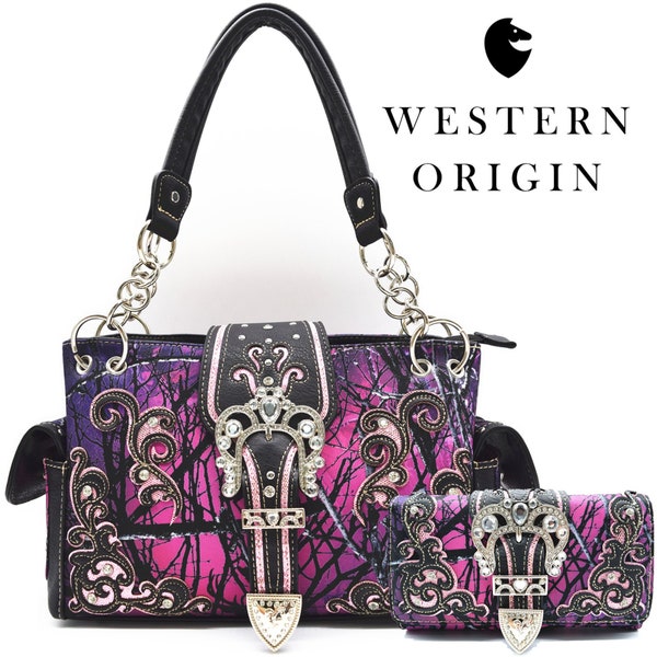 Camouflage Crown Buckle Western Style Concealed Carry Purse Country Handbag Women Shoulder Bag Wallet Set Purple