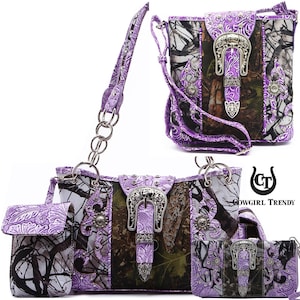 Camouflage Buckle Western Style Rhinestone Concho Studs Concealed Carry Purse Country Handbag Women Shoulder Bag Crossbody Wallet Set Purple