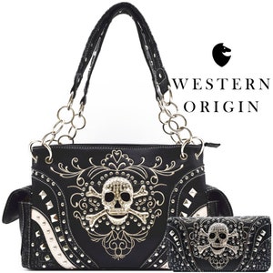 Punk Gothic Cross Bone Rhinestone Skull Black Handbag Studded Goth Concealed Carry Purse Women Shoulder Bag Wallet Set