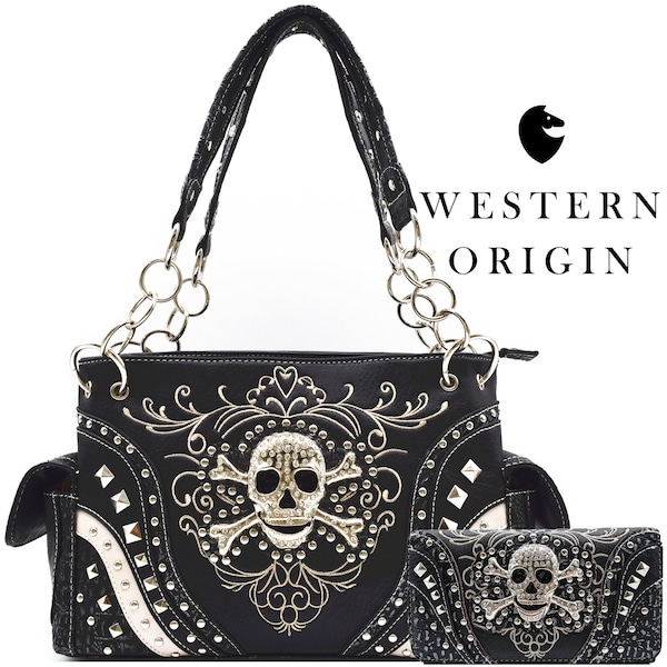 Punk gothique croix os strass crâne noir sac à main clouté Goth dissimulé porter sac à main femmes sac à bandoulière portefeuille ensemble