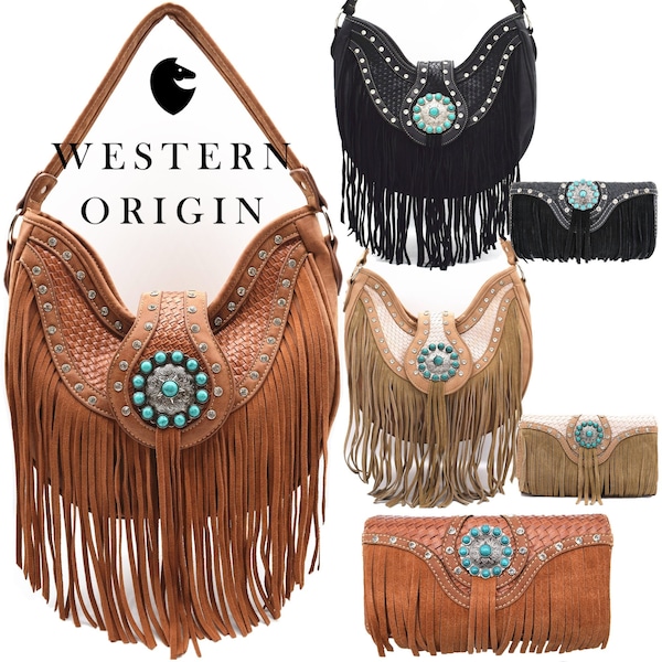 Leather Fringe Rhinestone Berry Concho Cowgirl Western Handbag Concealed Carry Purse Women Shoulder Bag With Wallet Set Brown Black Beige