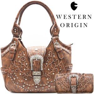 Western Style Concealed Carry Purse Buckle Country Large Tote Handbag Women Shoulder Bag Wallet Set Brown