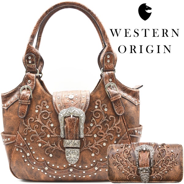 Western Style Verdeckte Portemonnaie Schnalle Land große Tasche Handtasche Frauen Schultertasche Portemonnaie Set Braun