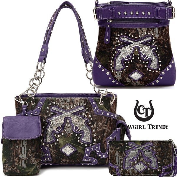 Camouflage Pistol Western Style Rhinestone Conchos Camo Concealed Carry Purse Country Handbag Women Shoulder Bag Crossbody Wallet Set Purple