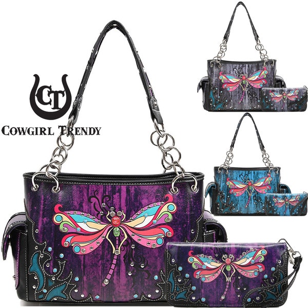 Western Origin Colorful Dragonfly Western Spring Concealed Carry Purse Country Handbag Women Shoulder Bag Wallet Set