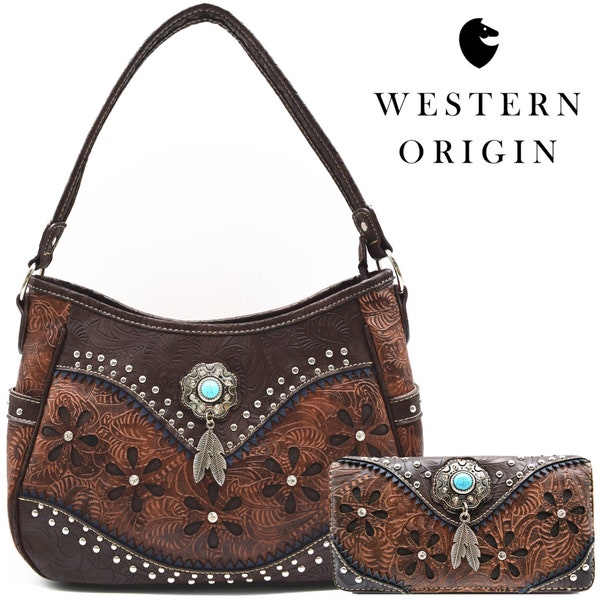 Tooled Leather Laser Cut Concealed Carry Purses Feather Country Western Handbags Shoulder Bags Wallet Set Coffee