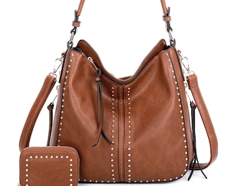 Oculto llevar Hobo Bag Crossbody Bolsa de hombro Bolso de mano Correas desmontables A juego Cartera tachonada Faux Leather Women Tote Bag Marrón