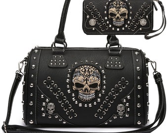 Black Sugar Skull Day of the Dead Punk Art Geldbörse Damen Handtasche Schultertasche Portemonnaie Set Satchel Handtasche abnehmbares Riemen Gothic Punk Style