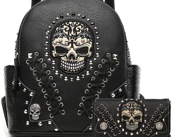 Black Sugar Skull Punk Art Rivet Studded Biker Purse Women Python Backpack Wallet Set Day of Dead Gothic Punk Style Removable Wallet Strap