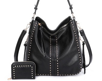 Verborgen Carry Hobo Bag Crossbody Portemonnee Schoudertas Handtas Afneembare Riemen Matching Portemonnee Studded Faux Leather Women Tote Bag Zwart