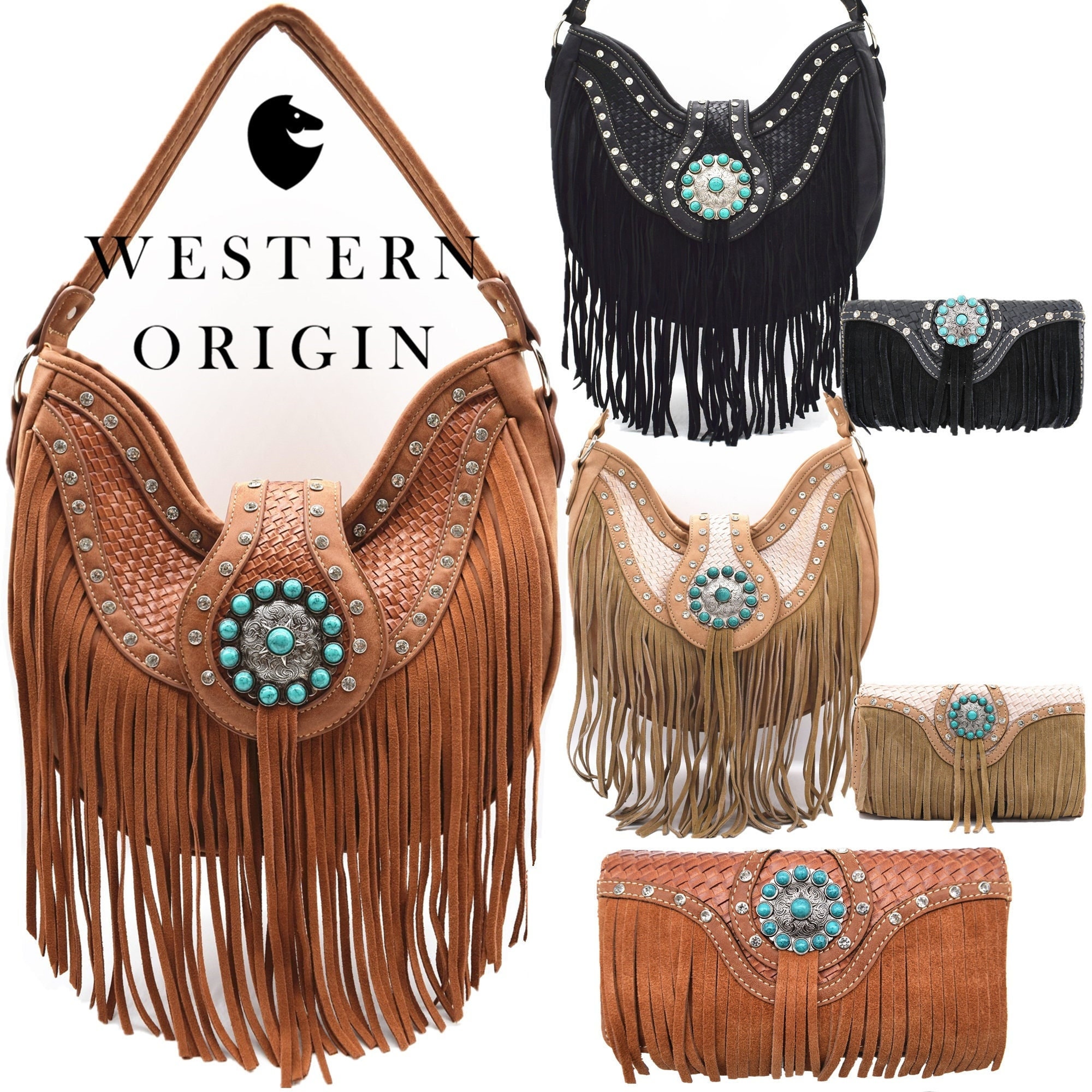 Western Fringe Handbag Concealed Carry Purse Women Shoulder Bag Wallet Set  Brown