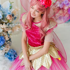 Älvakostym för kvinnor, rosa älvklänning med vingar, cosplay-outfit