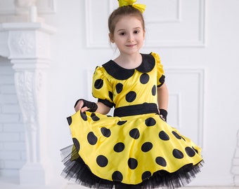 Costume rétro des années 50 pour fille, tout-petit. Tenue d’anniversaire pour fille, robe jaune rockabilly pour tout-petits