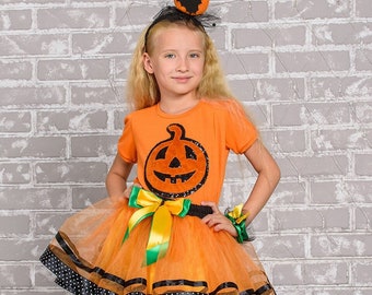 Tenue de filles d’Halloween, Robe en tutu citrouille, Costume de tutu fantaisie 4PCS Set