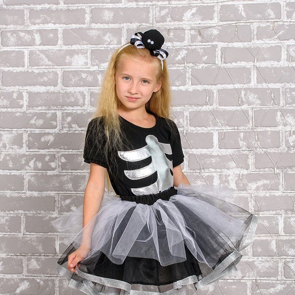 Skeleton girls fancy tutu dress for halloween, spider web toddler outfit