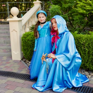 Fairy Godmother Costume Cape with magic stick, two sides blue and pink