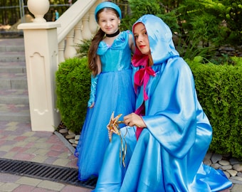 Fairy Godmother Costume Cape with magic stick, two sides blue and pink