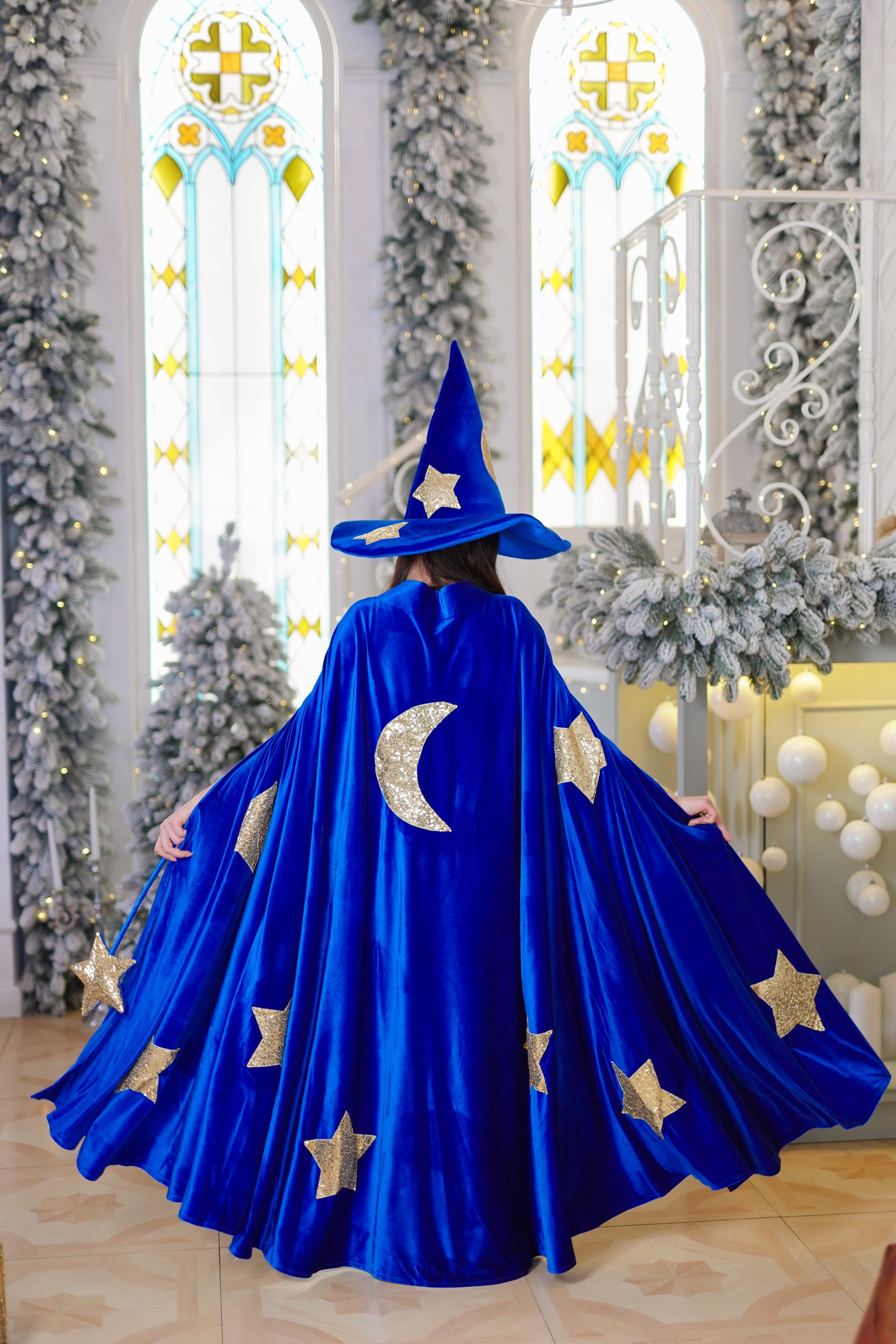 Enchanting Adult Blue Wizard Halloween Costume Set: Cape, Hat, and