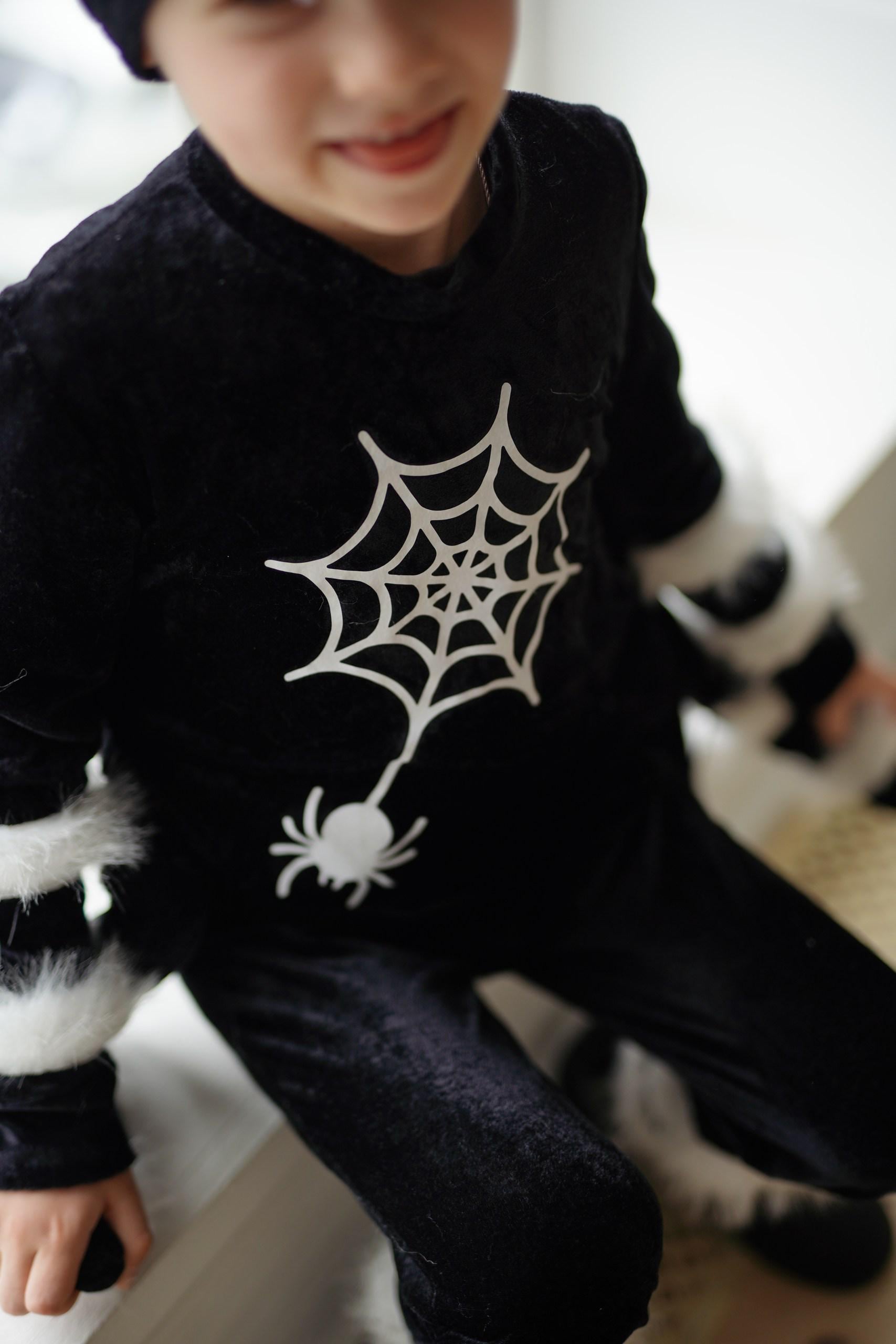 Costume Halloween Bambino Con Mantello, Cappello E Borsa A Forma Di Ragno - Per Bambini 90-150 Cm