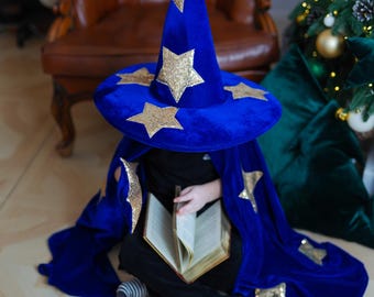 Wizard Costume for Kids, Velvet Cape Set with Hat and Wand