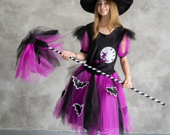 Costume De Sorcière Avec Lumières Pour Enfant Fille - Robe Violette Halloween Et Carnaval