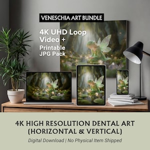 May include: Digital art bundle showcasing a fairy in a forest scene, presented on a laptop, tablet, phone, and canvas. The image includes the text "VENESCHIA ART BUNDLE" and "4K UHD Loop Video + Printable JPG Pack". The art is described as "4K HIGH RESOLUTION DENTAL ART (HORIZONTAL & VERTICAL)".